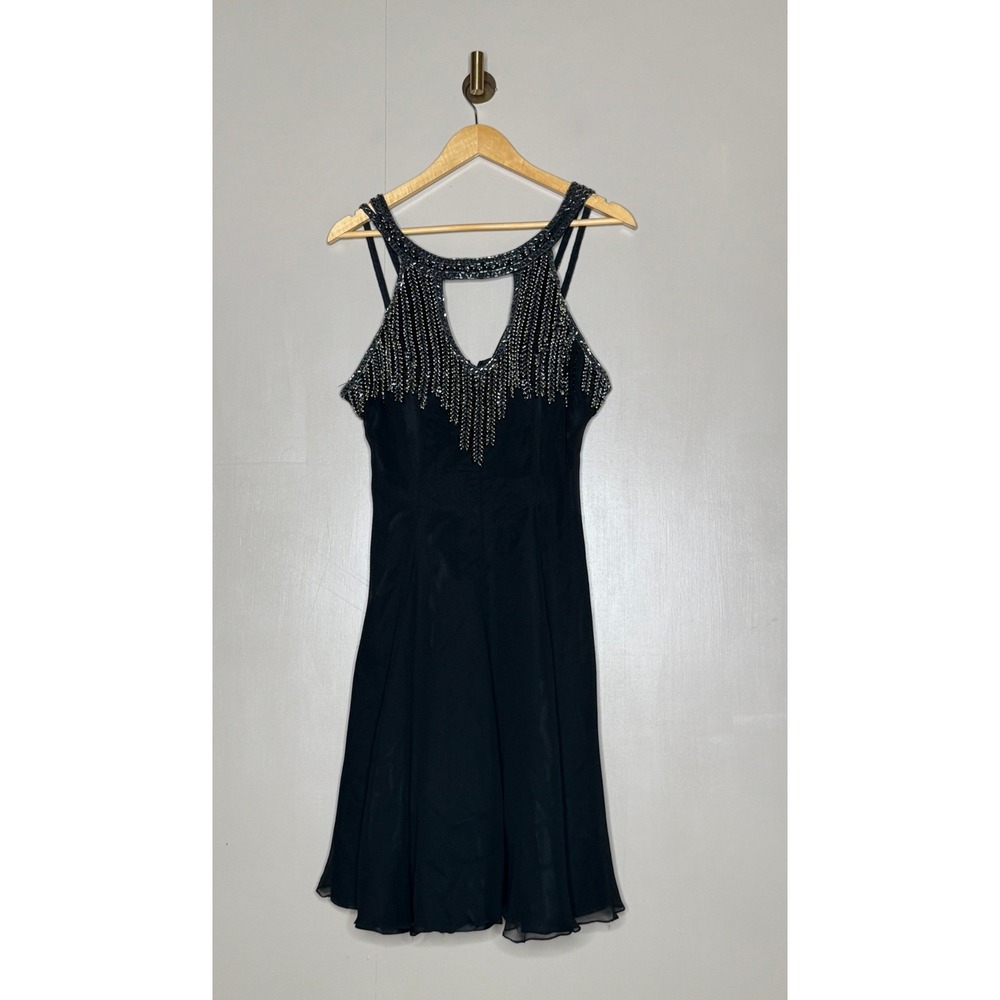 Vintage Nadine Beaded Black Chiffon Cocktail Dress Silk Feel Open Back 80s 90s‎